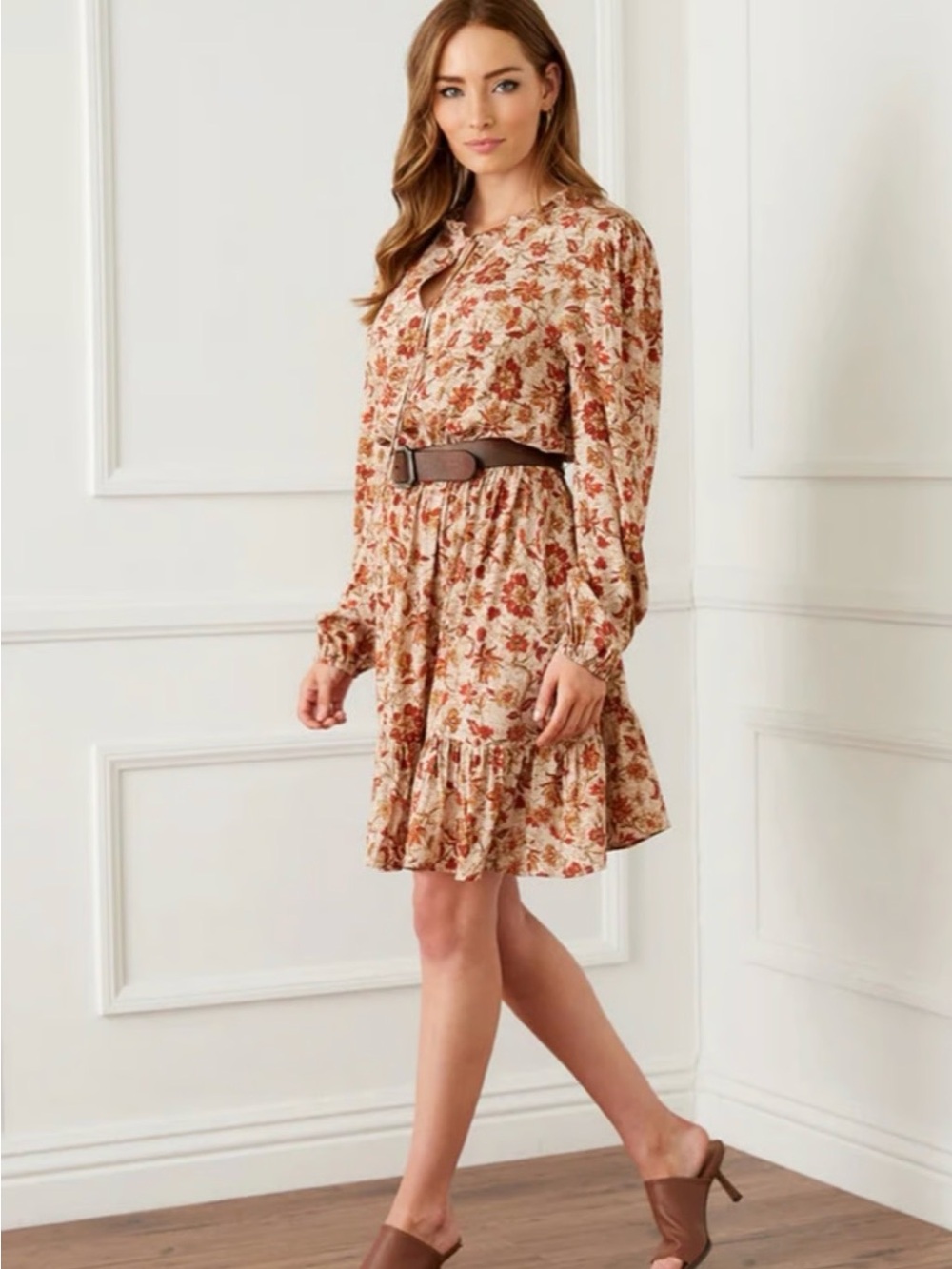 EUC Karen Kane Beige Mini Dress with Rust Floral Print